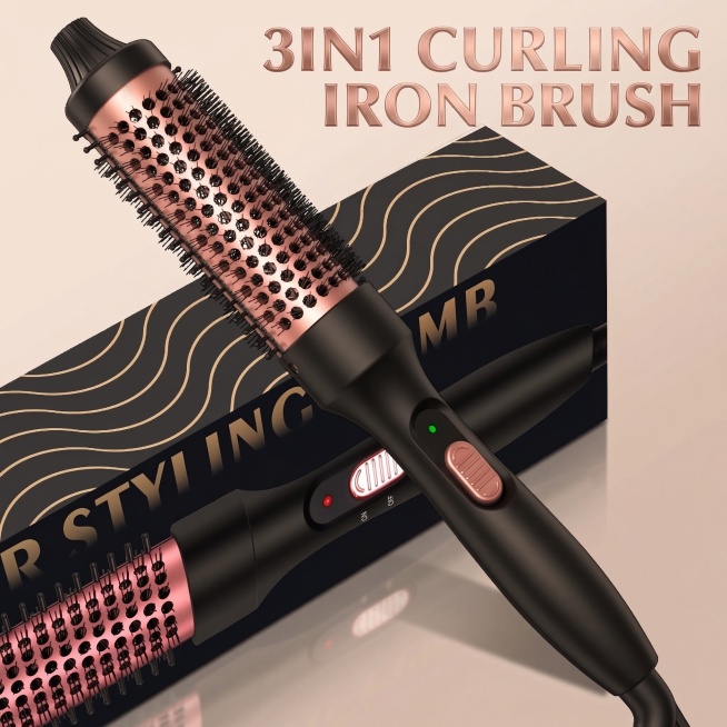 在图片中添加文案“3IN1 CURLING IRON BRUSH”，添加滤镜优化，保持产品清晰，风格高级有质感预览效果