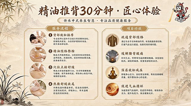 高端新中式养生风格团购详情内页介绍图，16:9横版构图，清新优雅，高雅宁静，奢华大气。参考图配色与风格：米白浅金配色，水墨山水背景，新中式禅意风。画面采用左右两栏布局：左侧板块为"服务流程"，包含四个步骤（①背部放松按摩 ②精油经络推按 ③穴位点按舒缓 ④热敷舒缓收尾），每个步骤配圆形小图标和说明文字；右侧板块为"项目功效"，包含四条功效（疏通背部经络、缓解腰背酸痛、深层放松减压、促进气血循环），每条配圆形图标和详细说明文字。顶部大标题"精油推背30分钟 · 匠心体验"，雅致书法体，深金色。画面右上方放置孙悟空卡通logo（站在筋斗云上、手持拨筋棒、红金配色），精致小巧。左下角点缀兰花水墨装饰。整体版式精美，信息清晰，高级质感，2K超清画质。画面中所有信息区域必须填充完整合理的内容，不得出现空白框或待填写区域。画面中所有数字必须精确渲染，不得错位、遗漏或编造。