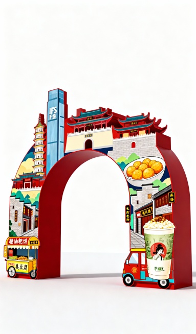 帮我生成图片：设计一个拱门美陈要有长沙的地标建筑，突出长沙元素，可印刷尺寸，门高215cm，宽127cm，留出门洞的位置，ps图，300分辨率，不要背景预览效果