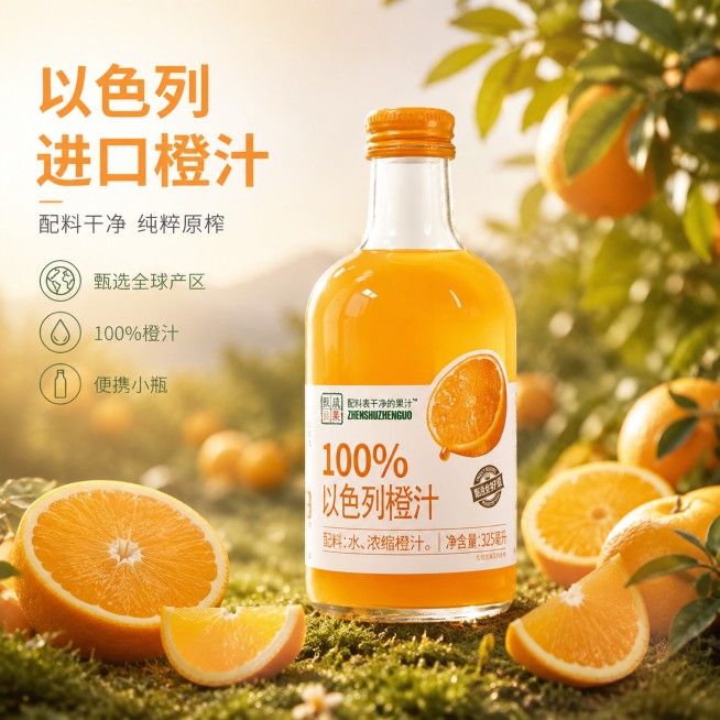 [单张主图] 甄蔬甄果100%以色列橙汁 高级氛围感主图 突出橙汁新鲜纯粹的品质与食欲感
[画面主体] 玻璃瓶橙汁居中放置，占画面约50%，保持产品外观颜色结构与输入图片一致，瓶身标签文字清晰不变形，预览效果