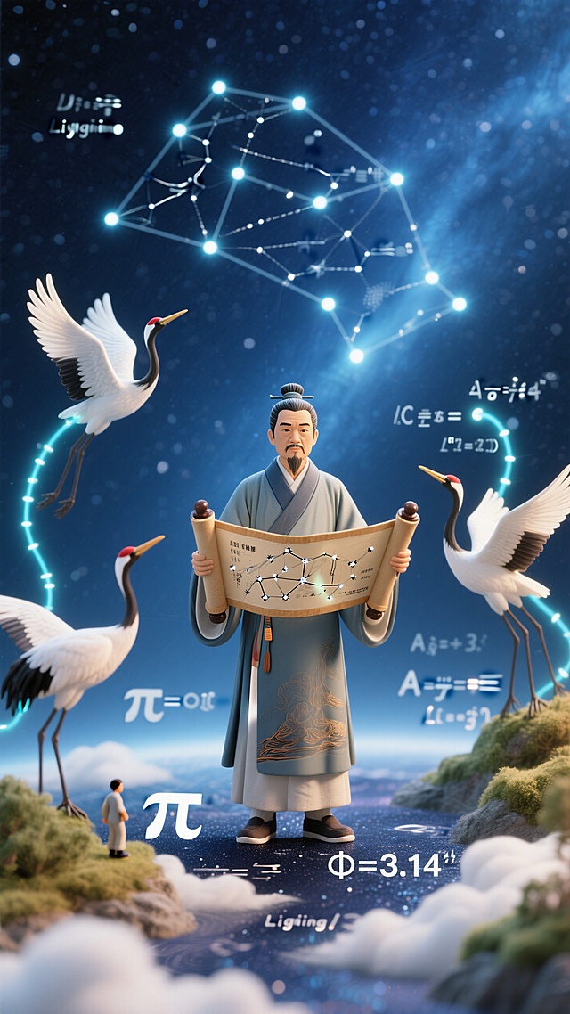 古典中式插画风，3D角色展现超现实主义，鹤舞星图，数学符号交织，意境深远。