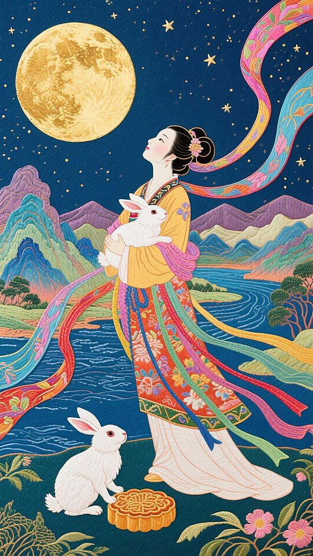 身着传统汉服的女子抬头仰望着天空中，怀中抱着白兔，脚的旁边是一只怀抱着月饼的白兔，背景是金色满月、星空，群山与河流，两条彩色的飘带装饰，整体色调以金、红为主