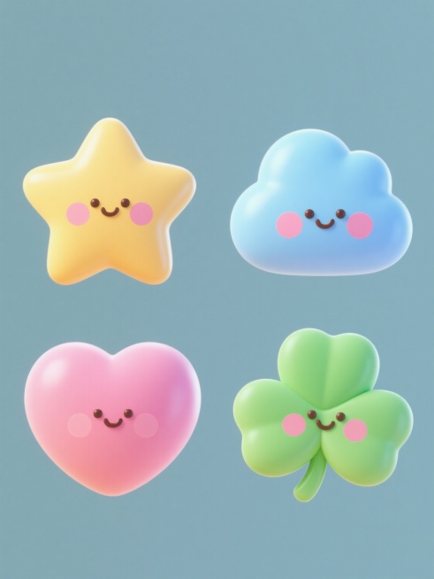 纯色背景上，4个完全不同造型的可爱立体卡通元素系列素材集合，规整排布。每个元素都具有圆润光滑的3D质感，明亮柔和的渐变色彩，高光和阴影过渡自然，脸颊带有可爱的粉红色红晕，表情亲切治愈。元素造型分别为：黄色五角星、蓝色小云朵、粉色爱心、绿色四叶草，每个造型均保持简洁流畅的线条和萌系特征，整体风格统一，形成协调的可爱元素系列集合。预览效果