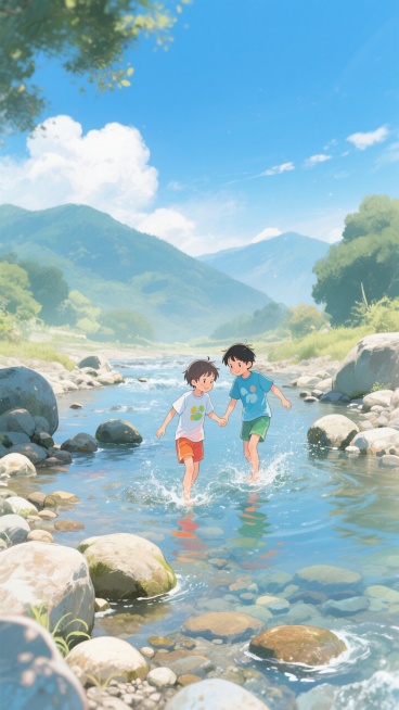 河畔、浅滩、远山、蓝天白云、茂密植被，2 个 孩童戏水、童真氛围、户外玩耍，清澈溪水、错落石滩、朦胧山景  ，插画风格，颜色丰富多彩明亮预览效果