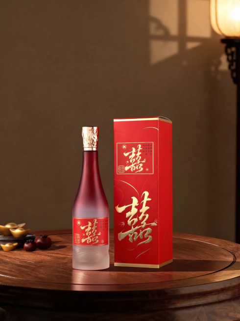 去除图片左上角的'型号：囍酒'等文字信息及右上角'左和右 DESIGN'水印，保持酒瓶、酒盒、背景及所有其他元素完全不变，高清修复预览效果