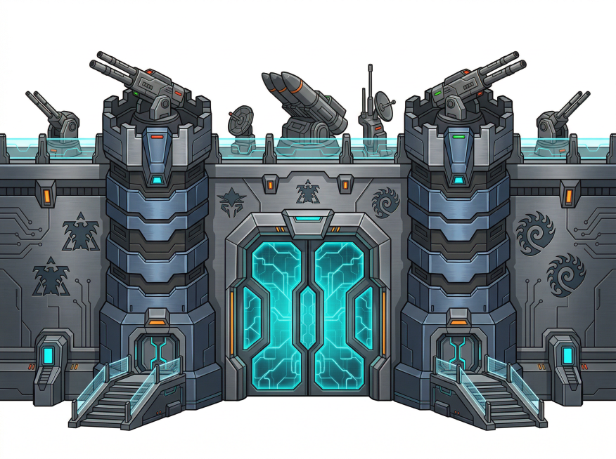 参考图片的平视角扁平风格，生成科技感星际争霸题材的城墙，带有未来科技装置、金属质感结构、星际元素装饰预览效果