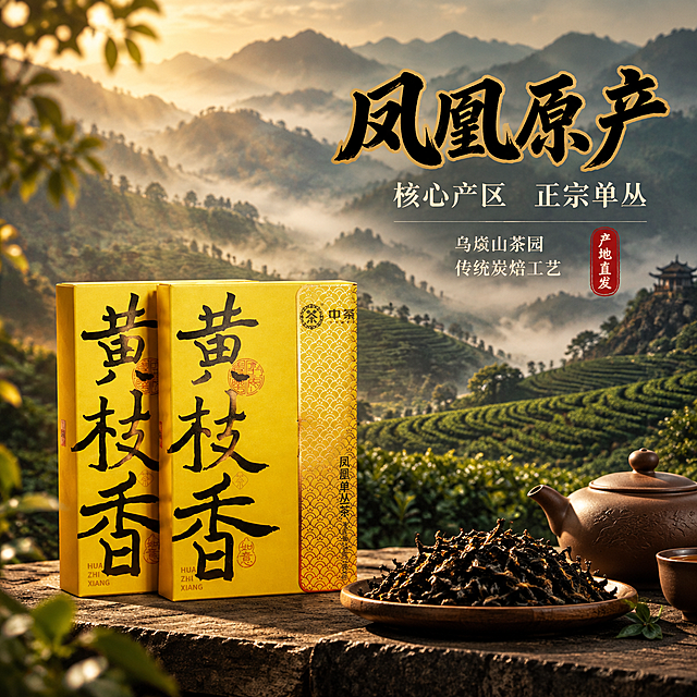 [主图-2 产地溯源] 中茶黄枝香凤凰单丛茶抖音主图第二张，核心任务是展示凤凰单丛茶的产地溯源与正宗品质，建立信任。
[统一基调] 新中式沉浸式氛围感风格，整体暖金棕色调，背景为暗调中式茶山云雾场景，暖黄侧逆光打亮产品，营造静谧雅致的品茶意境。标题字用粗笔刷书法字体，深墨黑色，叠加轻微金色描边；辅助文案用细宋体，米白色；强调色为朱砂红印章点缀。整体画面高级有质感，电影级光影。
[画面] 产品为一盒中茶黄枝香凤凰单丛茶黄色礼盒，放置在画面左下方，正面朝向观众，产品占画面约45%。背景上半部分是虚化的凤凰茶山云雾缭绕的场景：层层叠叠的茶园梯田，清晨薄雾，远山如黛，营造产地氛围。产品前方摆放一小撮干茶叶（条索紧结乌褐油亮）和一把紫砂茶则，增加真实感。
[光影质感] 商业摄影质感，左侧45度暖黄主光打亮产品，右侧弱补光，背景茶山有晨雾透射光效果，整体光影柔和有层次，自然真实。
[配色] 主色调暖金+茶绿+深棕，点缀朱砂红。背景茶山偏冷绿调，产品暖黄调，冷暖对比和谐。
[文字版式] 画面右上方主标题大字「凤凰原产」，书法字体，墨黑色带金边；下方辅助文案「核心产区 正宗单丛」，细宋体米白色；再下方分两行小字「乌岽山茶园」「传统炭焙工艺」；旁边有朱砂红印章「产地直发」。文字放在右上负空间，不遮挡产品。
[输出要求] 1:1正方形，文字清晰锐利，产品清晰不变形，无错字，画面干净高级。禁止：变形、错字、模糊、杂乱、水印、平台Logo、低俗元素、多余杂物。