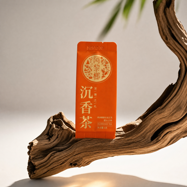 参考该图片的自然原木枯木、光影、竹子的风格构图，把玻璃茶杯替换成图二的橙色包装阿黎榔沉香茶产品，放置在枯木枝干上，简约高级电商产品主图，保留暖光光影质感预览效果