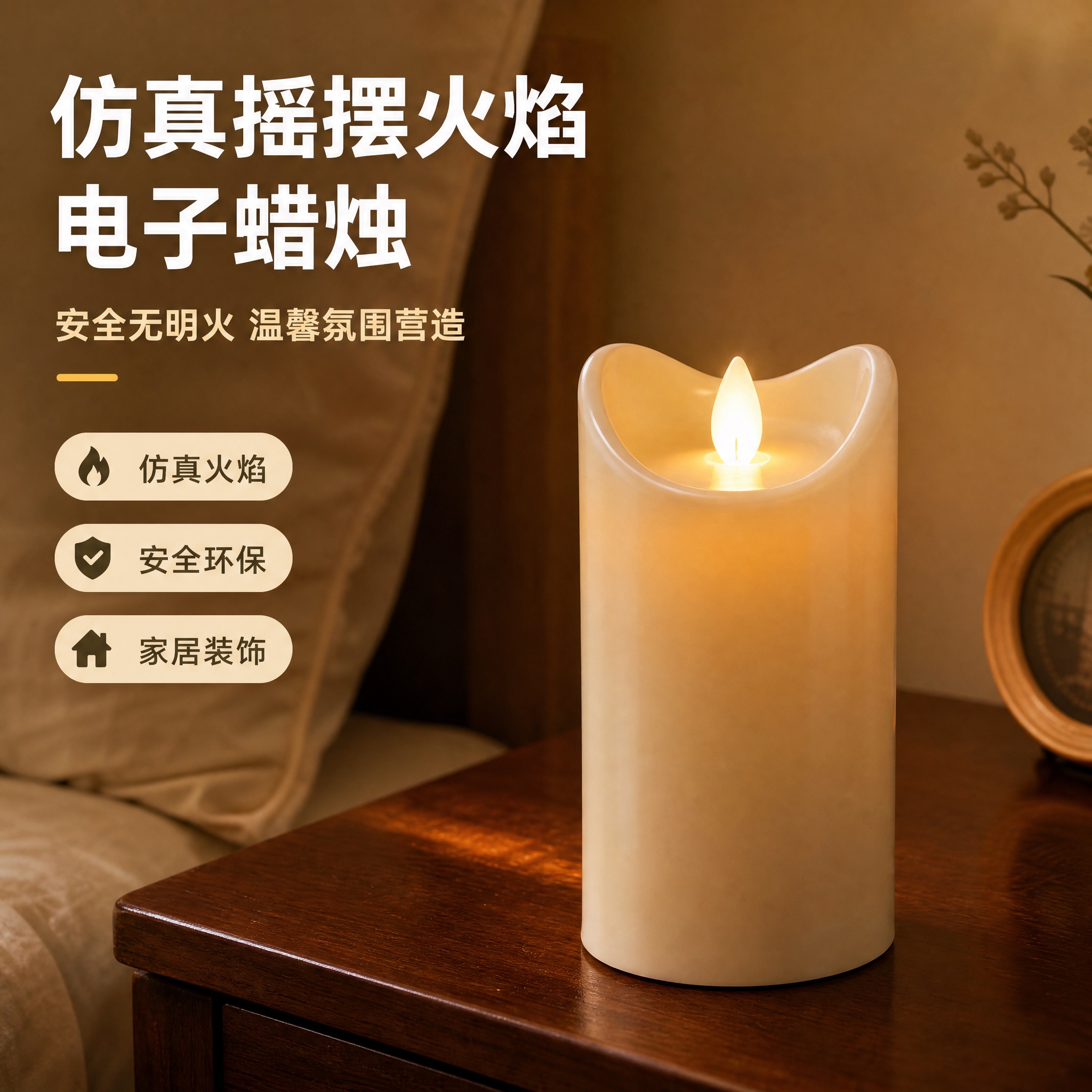 [主图-1] 空间氛围与灯体呈现，展示LED仿真摇摆火焰电子蜡… - 图片创意预览