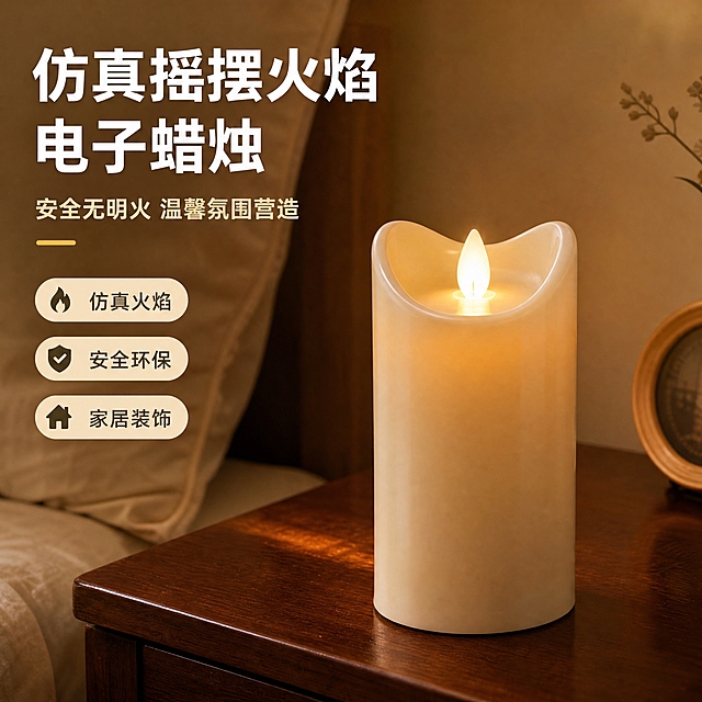 [主图-1] 空间氛围与灯体呈现，展示LED仿真摇摆火焰电子蜡烛在温馨家居场景中的整体开灯氛围，突出仿真火焰效果与产品质感。
[统一基调] 1688平台B端源头感，温馨居家灯光氛围，高级材质透视，真实开灯状态，柔和空间层次光影；背景主色为暖米色+深木色，标题字色为暖白色，辅助字色为浅棕色，强调色为暖黄色；字体为简洁无衬线粗体，字号层级分明，卡片为圆角浅底样式。
[画面] 产品放置在深木色床头柜上，背景为温馨卧室一角，可见浅色墙面、米色窗帘和部分床品；产品为圆柱形米白色电子蜡烛，顶部呈波浪形开口，中央有仿真火焰灯芯正发出暖黄色光芒，火焰呈现自然摇摆的动态感；产品占画面约65%，位于画面右侧偏中心位置，左侧留出负空间放置文案；桌面有柔和的暖光反射，整体空间营造出温馨舒适的夜间氛围。
[光影质感] 商业摄影质感，主光来自产品本身的暖黄色光源，环境光为柔和的室内漫射光，产品表面有细腻的蜡质材质反光，底部有自然的接触阴影，火焰部分有柔和的光晕效果，整体光影层次丰富，真实自然。
[配色] 暖米色背景主色，深木色桌面，米白色蜡烛主体，暖黄色火焰光；标题暖白色，辅助文字浅棕色，强调色暖黄色。
[文字版式] 左上角放置主标题「仿真摇摆火焰电子蜡烛」，副标题「安全无明火 温馨氛围营造」，下方排列3个轻标签：「仿真火焰」「安全环保」「家居装饰」；文字均为横排，字体为简洁无衬线粗体，主标题最大最粗，副标题缩小50%，标签为小号圆角底纹样式，全部文字不遮挡产品主体。
[输出要求] 1:1比例，2K分辨率；产品清晰完整，火焰发光效果真实，文字清晰可读；禁止变形、错字、模糊、杂乱、水印、平台Logo，禁止火焰过曝泛白，禁止产品悬浮。