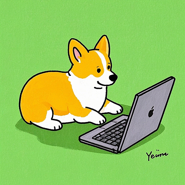 黄白毛色柯基犬，笔记本电脑，全场景，纯色背景