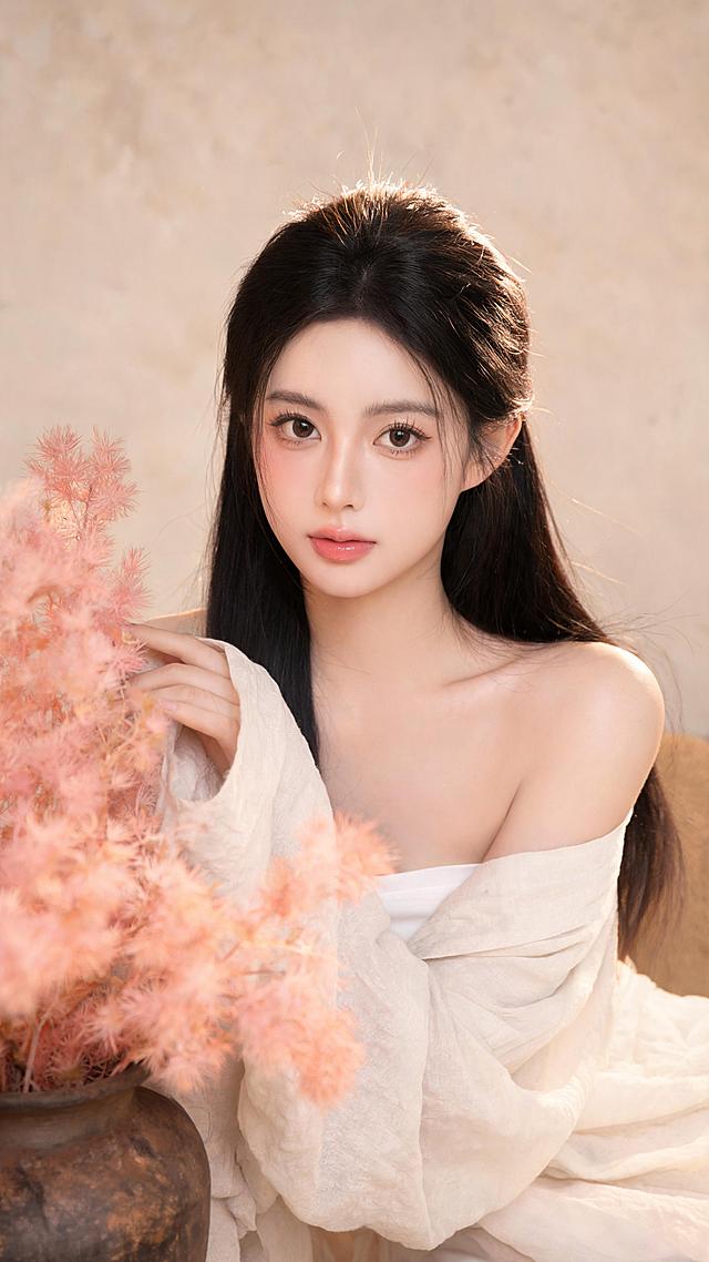 脸型与皮肤：流畅饱满的鹅蛋脸，面部软组织充盈，自带柔媚幼态感；皮肤呈冷调白皙质感，面中扫淡粉色腮红，通透带自然水光，伪素颜清透妆感，保留细腻原生肌理，无厚重粉感。
眉眼细节：平缓柔和的自然野生眉，毛流感真实；大杏眼眼尾微微上扬，纤长卷翘的睫毛根根分明，眼下卧蚕饱满圆润，眼妆带淡粉调细闪，眼神清澈温柔直视镜头，自带无辜柔美感。
鼻唇细节：精致直鼻，山根线条自然，鼻头小巧圆润，鼻翼收窄线条柔和；饱满 M 唇，涂抹粉调水光唇釉，唇峰清晰，唇色温柔显嫩，整体五官比例舒展协调。
发型造型：乌黑顺直长黑发，高颅顶蓬松造型，发丝柔顺有自然光泽，额前、鬓角散落细碎胎毛修饰脸型，部分发丝随风轻扬，强化灵动松弛感。
穿搭与肢体：内搭白色抹胸，外搭米白色肌理感棉麻宽松罩衫，自然滑落至肩头，露出流畅肩颈线条，面料带自然褶皱肌理，慵懒温柔；侧身坐姿，双手纤细修长，左手轻搭肩头，右手轻触花束，姿态舒展柔媚。
前景道具：画面左下角放置深棕色粗陶纹理花瓶，瓶身带复古做旧肌理；瓶中插满粉雾感毛绒干花（粉色永生蓬莱松），花材呈蓬松雾感形态，粉棕渐变色调层次丰富，前景做重度虚化处理，形成柔焦雾感边框，大幅提升画面氛围感与空间纵深感。
主背景：暖米杏色哑光肌理墙面，类似艺术涂料 / 微水泥质感，纹理细腻柔和，无多余装饰，色调统一温暖，完全服务于人物主体。
整体调性：无杂乱杂物，色彩统一在暖米 + 柔粉的低饱和色系中，视觉重心牢牢锁定人物，干净治愈，是典型的轻私房温柔写真场景。
主光类型：侧前上方暖调漫射柔光，模拟午后窗边自然光，光质柔和弥散，搭配轻微黑柔滤镜效果，是柔雾写真的核心布光逻辑。
顶部光效：光线从头顶前上方均匀洒落，在乌黑发顶形成柔和的暖金色发丝轮廓光，发丝边缘呈现通透光晕，强化头发蓬松感与空气感；光影过渡自然无硬边，无过曝刺眼的高光。
面部光影：人物左半脸（观众视角右侧）受光均匀提亮，右半脸形成柔和自然的阴影，光比约 1.5:1，光影过渡顺滑无痕；既突出面部立体感，又保留皮肤通透柔焦质感，肩颈处光影层次柔和，线条舒展。
整体氛围：整体暖杏色调，低对比度，高光柔和不溢出，暗部通透有细节温柔治愈