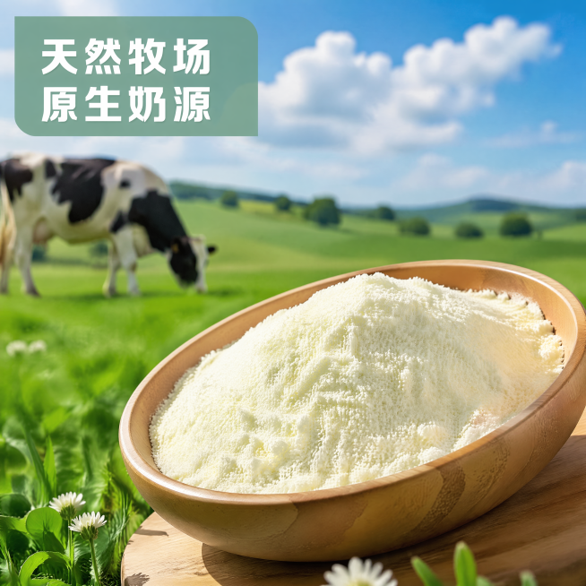 [主图-3] 天然奶源产地溯源图
[氛围风格] 原生态牧场自然氛围
[画质] 商业摄影质感 高清实景 自然通透
[元素] 前景倾斜放置一碗奶粉，背景是天然牧场，一头黑白斑点奶牛正在低头吃草，蓝天白云草预览效果