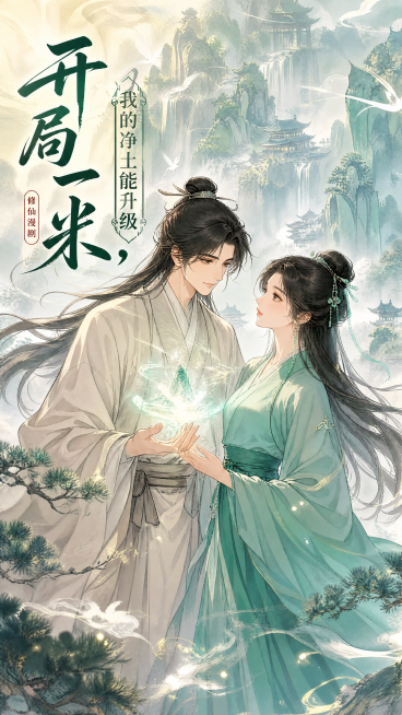 给我生成漫剧封面9：16，背景不要纯白色男女主有互动，剧名叫《开局一米，我的净土能升级「图片1」预览效果
