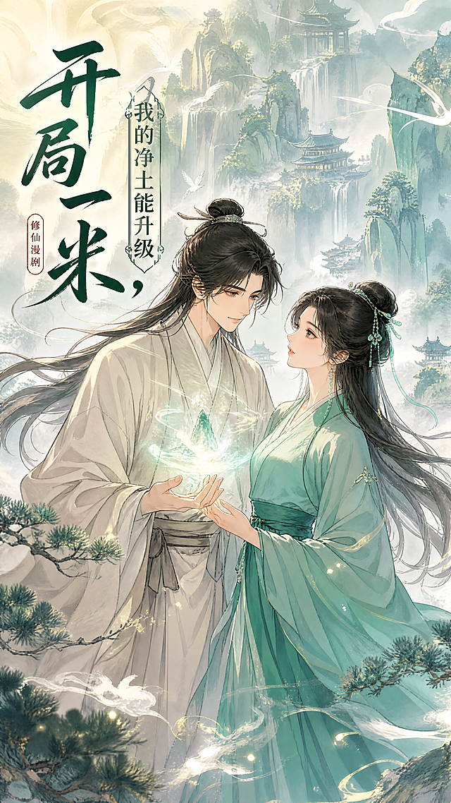 给我生成漫剧封面9：16，背景不要纯白色男女主有互动，剧名叫《开局一米，我的净土能升级「图片1」