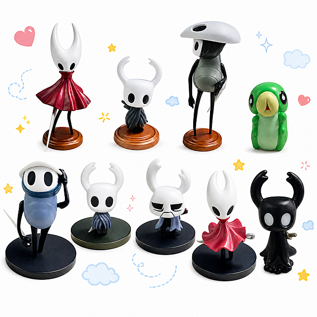 Generate an English e-commerce main image that includes all 9 hand figurines in the reference picture, with a pure white background, add cute cartoon elements, keep all 9 hand models clearly visible, the picture is neat and the composition is balanced, English version