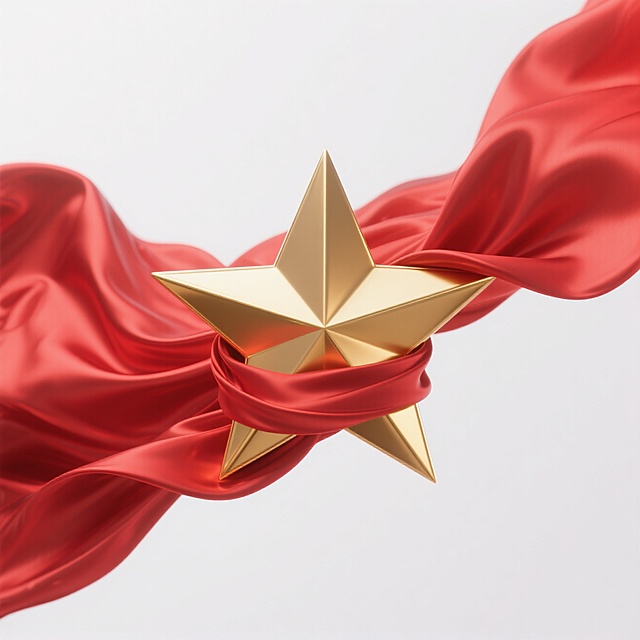 红色飘扬的绸缎缠绕着金色的星星（五边形，五个角），白色背景