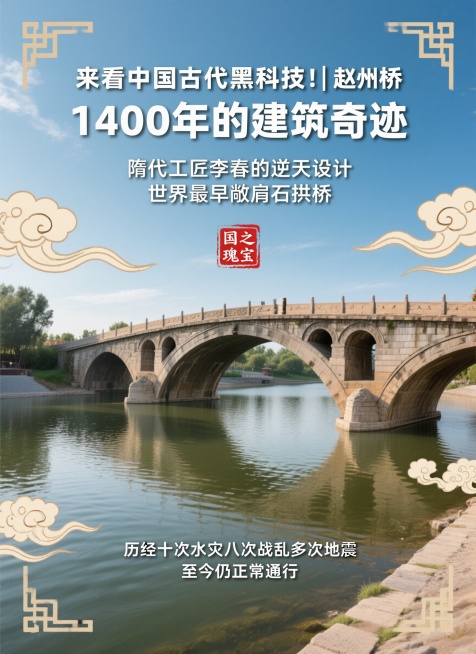 宣传类赵州桥文化海报，抓眼大标题"来看中国古代黑科技！| 赵州桥 1400年的建筑奇迹"，副标题标注"隋代工匠李春的逆天设计 世界最早敞肩石拱桥"，下方补充"历经十次水灾八次战乱多次地震 至今仍正常通预览效果