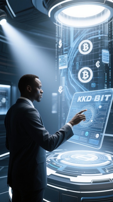 A Congolese professional standing in a futuristic blockchain environment, lightly touching a floatin预览效果