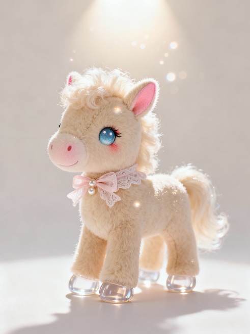 低角度仰视视角，原创迷你毛绒小马，主体为奶杏色毛绒，毛发细腻柔软，带有轻微的光泽感，四肢纤细但圆润，蹄子是透明软胶质感，头部比例稍大更显可爱。小马耳朵直立，耳尖泛粉，眼眸是亮晶晶的浅蓝色，眼尾带一点点预览效果