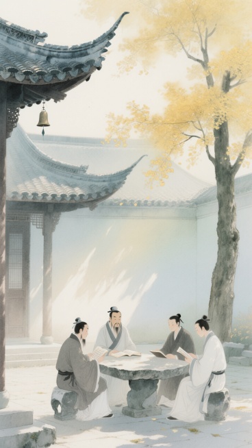 国风工笔画，中式淡彩插画，主体为一座古朴的书院，位于画面中上部。书院的建筑为传统的中式风格，飞檐翘角，屋顶覆盖着青瓦，屋檐下挂着风铃。镜头特写，夫子和几位身着长衫的学子正坐在书院的石桌旁，有的低头沉思预览效果