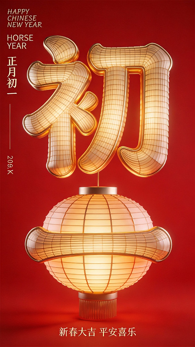 Greg Rutkowski 风格 3D 灯笼字“初一”，每一笔皆由精细金色灯笼纹理构成，灯笼纹理真实、细密、层次分明，具有东方节庆质感，边缘柔化处理，细节圆润不过硬。极简纯红色背景，干净、克制、高级，纵向构图，主体居中正视图。 整体光影层次丰富而克制，主光柔和、辅光精准，具有大师级光影控制能力。OC 渲染风格，16K 超高清输出，极致细节表现，纹理、光影与材质全部拉满，整体呈现高级东方审美与现代极简结合的高端视觉风格。 画面为高清平面海报设计，色彩高度克制，极简几何构成，留白充足，整体氛围轻盈、安静、充满新一年开始的仪式感，不喧闹、不堆砌节日元素，偏高端品牌新年主视觉。 左侧文字区排版设计： 顶部： 极细手写体英文，极小字号 “HAPPY CHINESE NEW YEAR”，时间信息区（上下排布）： 小号无衬线字体 “HORSE YEAR” “正月初一” 底部祝福文案 小字号无衬线中文“新春大吉 平安喜乐”整体文字排版轻盈、克制、呼吸感强，与主体灯笼字保持明确视觉层级，不抢主体、不制造拥挤感。整体风格为极简、高级、安静的新年视觉表达。
