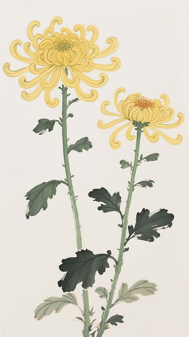 中国传统水墨风格插画，两朵盛开的黄色菊花，花瓣卷曲呈放射状，花蕊饱满，绿色花茎细长挺拔，叶片边缘有锯齿，叶脉清晰，整体色调明快，线条流畅，水墨晕染效果自然，留白背景突出主体，营造出清雅脱俗的文人气息，无文字及装饰元素。