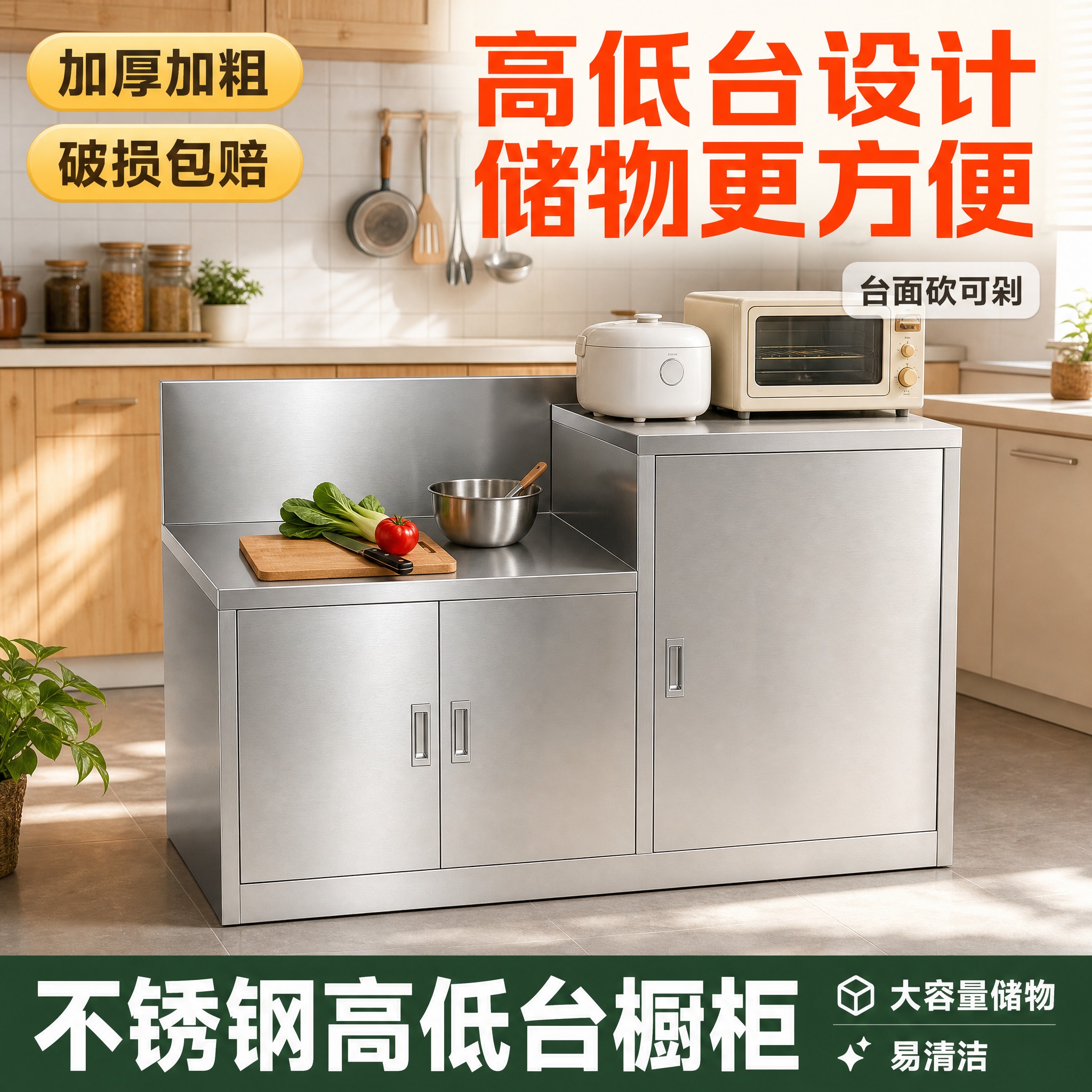 [主图-1] 不锈钢高低台水池柜 首图点击率 真实家用厨房场景… - 图片创意预览