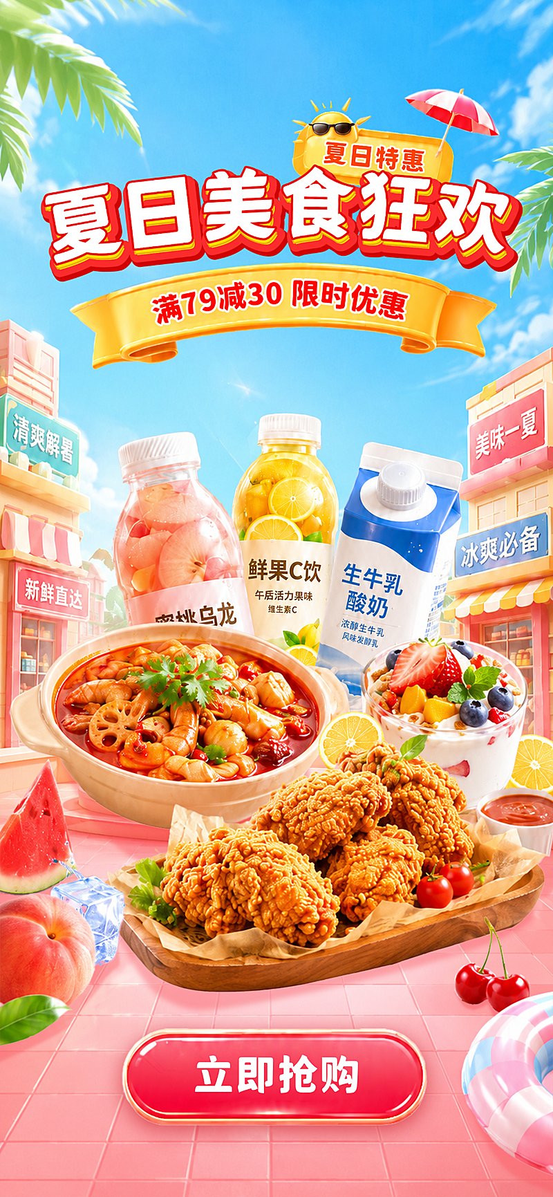 夏日美食狂欢促销手机全屏海报