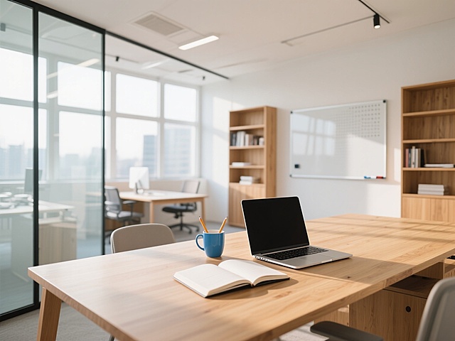 明亮通透的现代办公室环境，自然光透过大面积玻璃窗洒入，柔和的暖白光均匀照亮整个空间，木质办公桌质感温润，桌面上放置笔记本电脑、翻开的笔记本、蓝色马克杯和铅笔，背景中可见白色磁性白板、木质书架和简约办公家具，整体呈现简洁、专业且舒适的工作氛围，不同角度展示办公室的空间布局与环境细节，光线自然柔和，色彩以原木色、白色和浅灰色为主调，营造出明亮、开放、高效的现代办公场景。