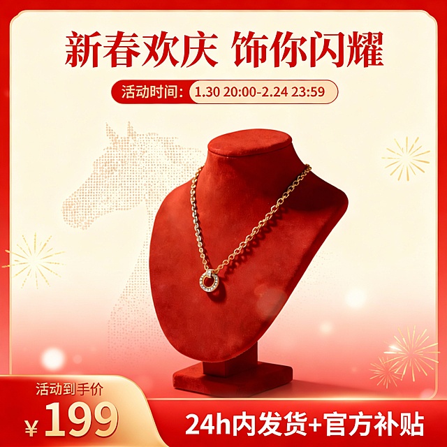 电商年货节项链促销主图，米色背景里有奢华正红色渐变边框，红色渐变米色底色，背景有弥散点组成的抽象奔马头形状，背景点缀金色烟花图形与光斑；
画面中是主体；
画面顶部主标题为红色字体：“新春欢庆 饰你闪耀”；

顶部金色标题下有红边米色圆角活动时间标签：“活动时间：1.30 20:00-2.24 23:59”；
底部左侧是红金渐变的价格栏，显示“活动到手价¥199”，右侧是红色底栏，白色字体：“24h内发货+官方补贴”；