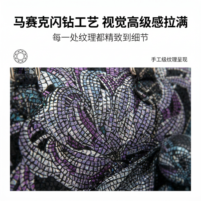 商业级微距摄影风格，严格还原产品细节，专业影棚侧光，纯白背景，无阴影，8K 超清，极致锐利；顶部居中位置是加粗无衬线黑体主标题"马赛克闪钻工艺 视觉高级感拉满"，主标题下方居中是细体无衬线黑体副标题"预览效果
