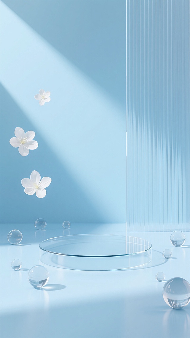 广角镜头，在一个由纯净浅蓝色调构成的极简主义3D空间内，中央是光滑透明的圆形玻璃展示台，周围散落着大小不一的透明玻璃球体，右侧背景是带有垂直条纹的半透明亚克力板，左侧悬浮着几片白色花瓣，柔和漫射光从左上角斜射，表面有清晰柔和阴影，空间开阔留白足，尽显现代简约高级蓝调背景素材感