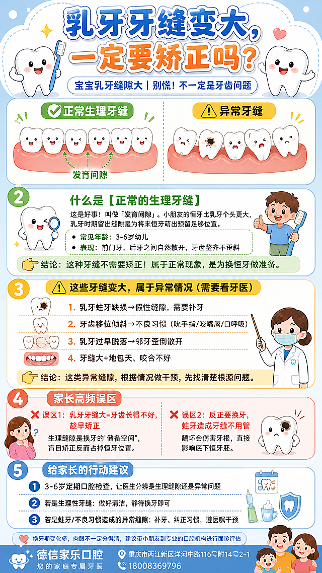 一张儿童口腔科普海报，竖版9:16比例，卡通插画风格，浅蓝和米白为主色调，整体温馨可爱，适合门诊候诊区张贴。

【顶部主标题区】大字体加粗主标题："乳牙牙缝变大，一定要矫正吗？"，副标题小字："宝宝乳牙缝隙大｜别慌！不一定是牙齿问题"，标题下方有可爱的卡通牙齿微笑形象装饰。

【中部对比示意图区】左右并排两张卡通示意图：
左边图标题"✅正常生理牙缝"，画一排整齐的卡通乳牙，牙齿之间有均匀间隙，标注"发育间隙"，牙齿洁白整齐，配绿色对勾图标；
右边图标题"⚠️异常牙缝"，画有蛀牙黑洞、牙齿歪斜倾斜的卡通乳牙示意图，配黄色感叹号图标；
两张图用虚线分隔，家长一眼看懂差别。

【板块2：正常的生理牙缝】小标题"什么是【正常的生理牙缝】"，配文字：
"这是好事！叫做「发育间隙」。小朋友的恒牙比乳牙个头更大，乳牙时期留出缝隙是为将来恒牙萌出预留足够位置。"
要点列表：
"• 常见年龄：3-6岁幼儿"
"• 表现：前门牙、后牙之间自然散开，牙齿整齐不歪斜"
"👉结论：这种牙缝不需要矫正！属于正常现象，是为换恒牙做准备。"

【板块3：异常情况】小标题用醒目色块"⚠️这些牙缝变大，属于异常情况（需要看牙医）"，4条要点配小图标：
"1. 乳牙蛀牙缺损→假性缝隙，需要补牙"
"2. 牙齿移位倾斜→不良习惯（吮手指/咬嘴唇/口呼吸）"
"3. 乳牙过早脱落→邻牙歪倒散开"
"4. 牙缝大+地包天、咬合不好"
"👉结论：这类异常缝隙，根据情况做干预，先找清楚根源问题。"

【板块4：家长高频误区】用醒目的橙红色块做背景，标题"家长高频误区"，两条误区：
"❌误区1：乳牙牙缝大=牙齿长得不好，趁早矫正"
"生理缝隙是换牙的'储备空间'，盲目矫正反而占掉恒牙位置。"
"❌误区2：反正要换牙，蛀牙造成牙缝不用管"
"龋坏会伤害牙根，直接影响底下恒牙胚。"

【板块5：行动建议】标题"给家长的行动建议"，3条配数字序号：
"1. 3-6岁定期口腔检查，让医生分辨是生理缝隙还是异常问题"
"2. 若是生理性牙缝：做好清洁，静待换牙即可"
"3. 若是蛀牙/不良习惯造成的异常缝隙：补牙、纠正习惯，遵医嘱干预"

【底部信息区】小字备注："换牙期变化多，肉眼不一定分得清，建议带小朋友到专业的口腔机构进行面诊评估"。
底部注明单位："德信家乐口腔，您的家庭专属牙医"，地址："重庆市两江新区洋河中路116号附14号2-1"，电话："18008369796"。

整体风格：卡通扁平插画，浅蓝+米白+浅绿+暖橙配色，圆角卡片式排版，图文一一对应，少大段文字，重点句子加粗，排版精美，信息层次分明，四周留安全边距。画面中所有信息区域必须填充完整合理的内容，不得出现空白框或占位。画面中所有数字必须精确渲染，不得错位、遗漏或编造。