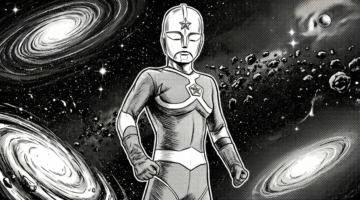 将这张奥特曼图片转换为16:9黑白漫画风格，背景改为宇宙星空景观，保持人物主体造型不变，转换出漫画线条和黑白网点质感预览效果