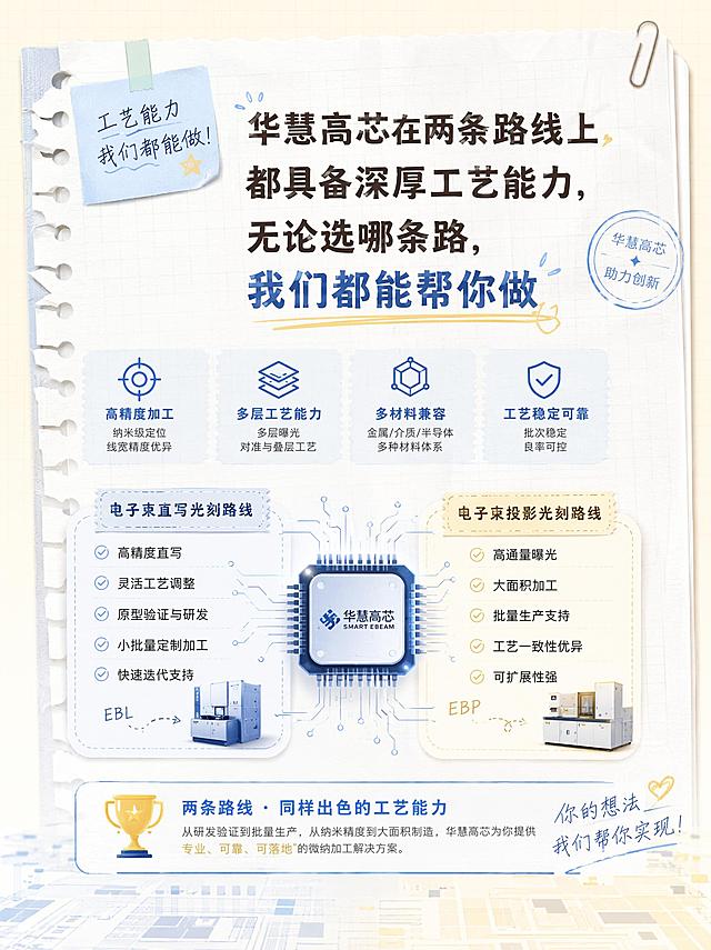 选题是：《薄膜铌酸锂 vs 硅光：光电子芯片两大技术路线怎么选？》
内容要点是：
· 薄膜铌酸锂：电光效应优异、高速调制能力强
· 硅光：CMOS工艺兼容、成本低、集成度高
· 适用场景对比：通信、传感、计算各选谁
· 结尾：华慧高芯在两条路线上的工艺能力
目的：展现华慧高芯的技术广度和深度，让客户相信“无论选哪条路，我们都能帮你做”帮我生成一组图手账风加一点轻科技的元素 不要太黑 要有文字有图 配图要适合电子束光刻微纳加工的  文字清晰汉字 不要繁体字 一组图风格统一 尺寸为1242×1660 PX