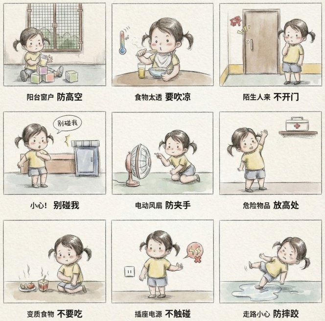 这是一张生活安全图，采用图片的内容，但画风变成手绘风格，要有艺术感，不要卡通风格预览效果