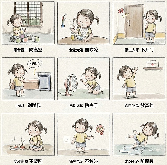 这是一张生活安全图，采用图片的内容，但画风变成手绘风格，要有艺术感，不要卡通风格