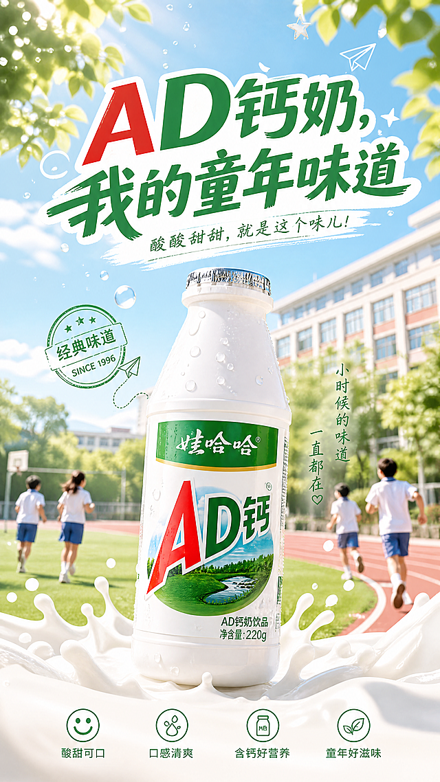 娃哈哈AD钙奶广告宣传图，画面主体是经典瓶装娃哈哈AD钙奶，背景是清新明亮的校园场景，整体风格怀旧青春，色调干净明快，添加大字广告文案"AD钙奶，我的童年味道"，宣传感受酸甜可口，唤起童年回忆