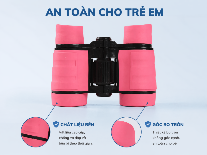 [第5屏] 安全设计保障。本屏使用【图1】保持产品外观不变。风格：专业可信，浅蓝低饱和背景。布局：产品上半部分，下半部分双引线标注安全细节："CHẤT LIỆU BỀN"、"GÓC BO TRÒN"。预览效果
