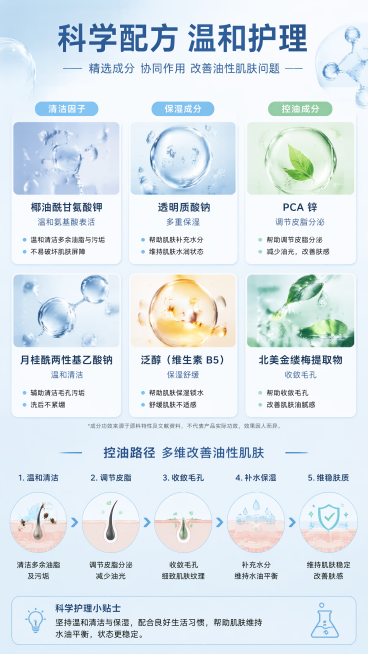 [第4屏] 成分机理解析页，顶部标题「科学配方 温和护理」，浅蓝背景，中间双行网格展示清洁因子、保湿成分、控油成分，每个配功效说明，底部展示控油路径，9:16，4K，文字清晰，禁止夸大功效极限词预览效果