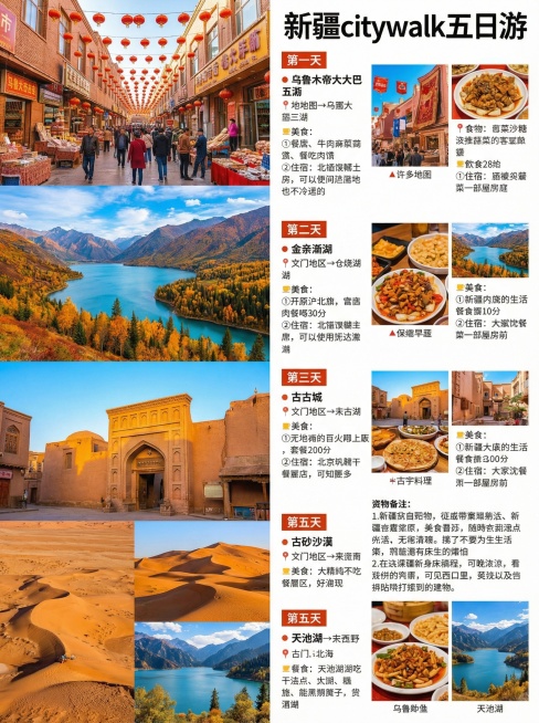 一份中文版新疆旅游攻略，标题为"新疆citywalk五日游"，结合新疆旅游景点图片，整体色彩鲜艳，图片写实风格，排版清晰美观预览效果