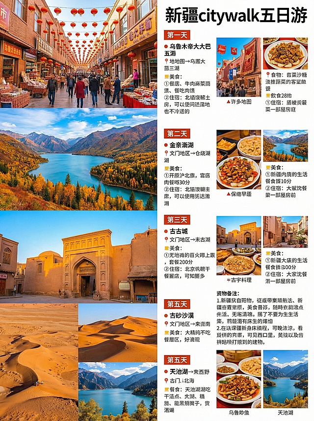 一份中文版新疆旅游攻略，标题为"新疆citywalk五日游"，结合新疆旅游景点图片，整体色彩鲜艳，图片写实风格，排版清晰美观