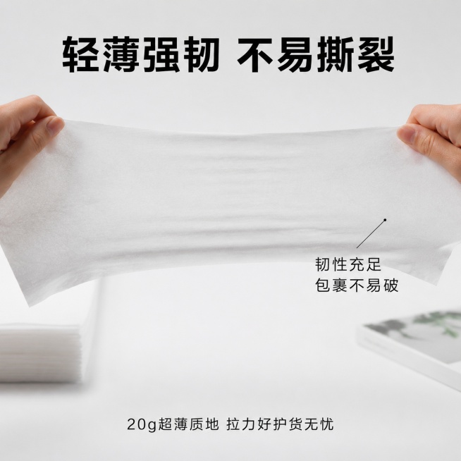 [主图-2] 核心卖点展示轻薄强韧特性
[氛围风格] 专业真实，有说服力
[画质] 商业摄影质感，光线柔和通透，产品清晰真实
[元素] 手拉扯一张白色薄页纸，纸张被拉伸不破裂，直观展示韧性，保持纸张外预览效果