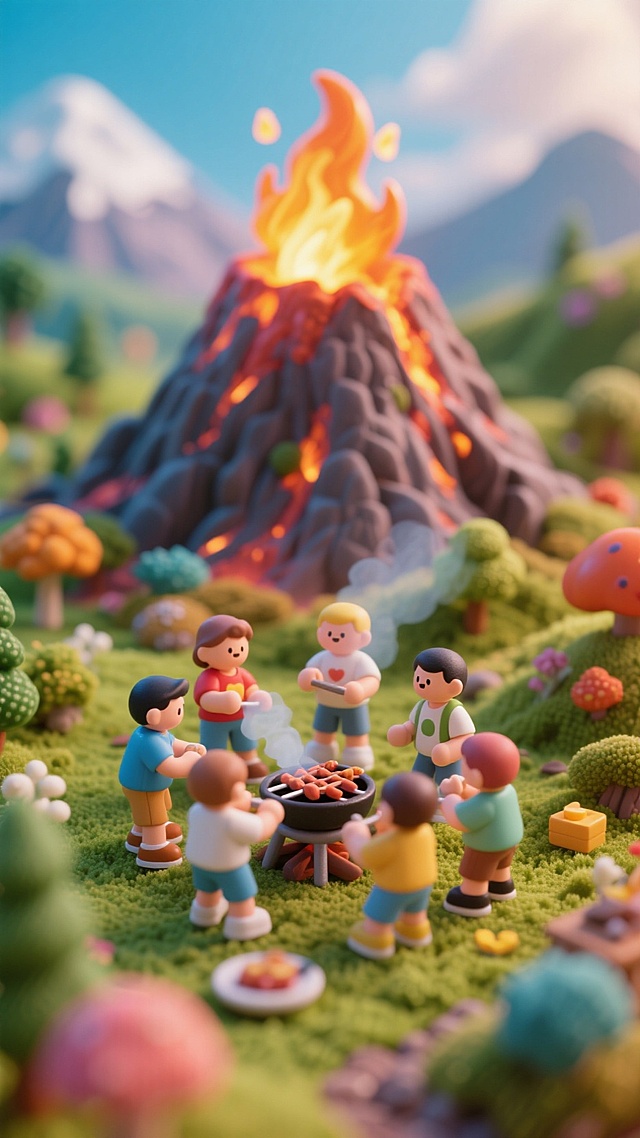 卡通3D风，微缩艺术展现梦幻清新场景，火山旁烧烤聚会，童趣盎然。
