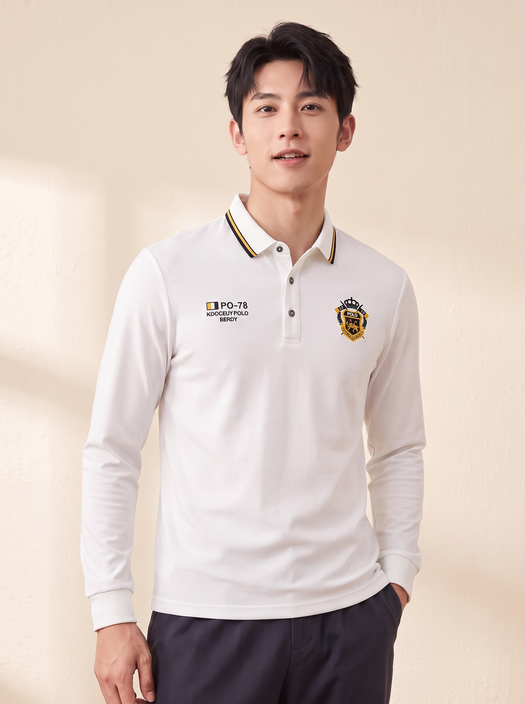 请将参考图2的【白色长袖Polo衫】1:1还原其款式、颜色、材… - 图片创意预览