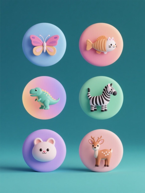纯色背景，软3D风格，画面整体色彩变换，规整排布的6个完全不同元素内容的系列素材集合，包含蝴蝶、猫咪、鱼、恐龙、斑马、小鹿，每个元素都具有圆润的边缘和柔和的光影效果，视觉层级清晰，设计感十足，适合作为系列素材使用预览效果