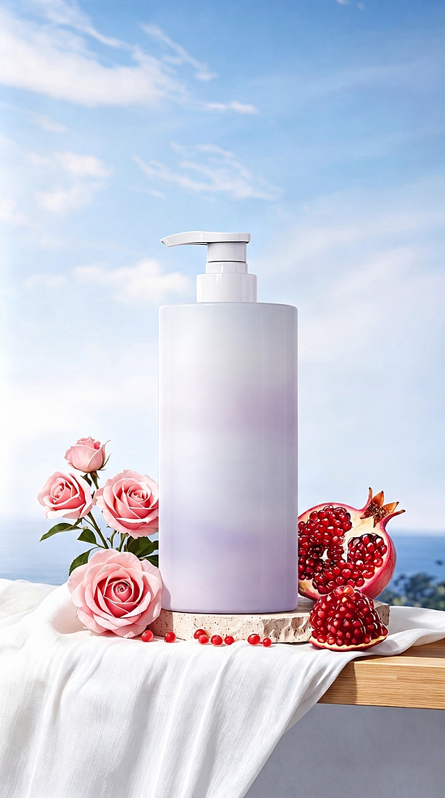 将原图片中的洗发水替换为抠出的产品瓶身，保持现有背景蓝天大海玫瑰花石榴不变，瓶身替换后，去除瓶身所有文字内容，对产品进行商业级精修，去除瑕疵，增强光影立体感，强化材质明暗关系，提升整体质感和高级感，提高整体亮度，呈现专业摄影级别的超细节静物拍摄效果，专业摄影，32K，超细节