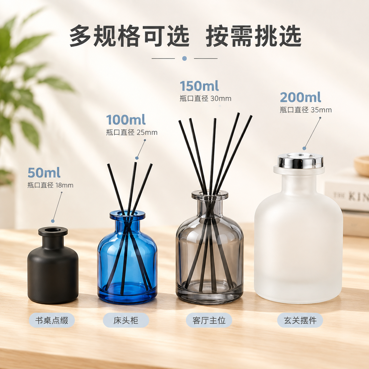 [主图-4] 尺寸规格与容量信息图，清晰展示不同规格香薰瓶的大… - 图片创意预览