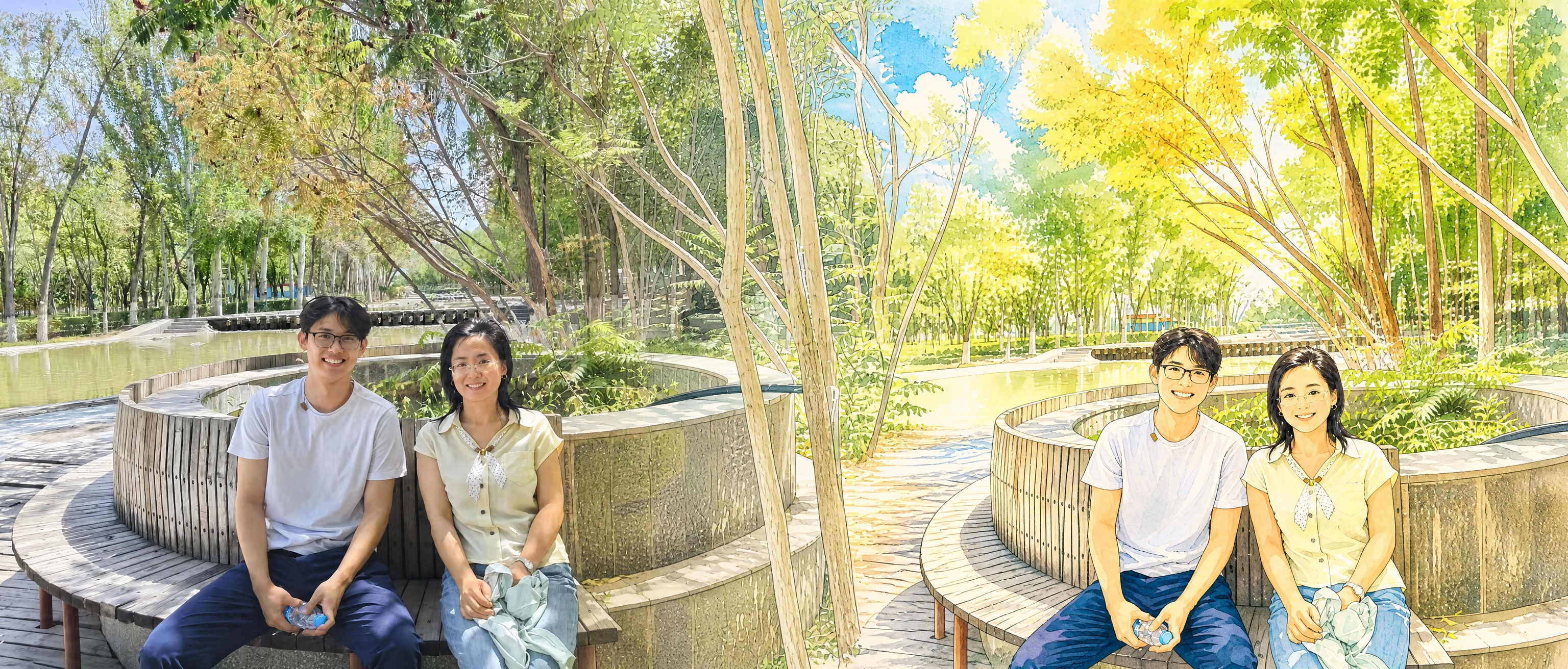 制作一张横向长图，从左到右呈现从真实照片到日系清新漫画风格的自… - 图片创意预览